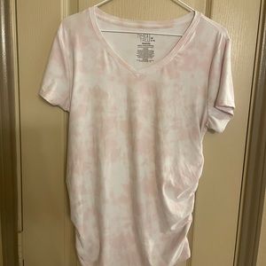 Maternity pink and white tie dye v neck shirt.